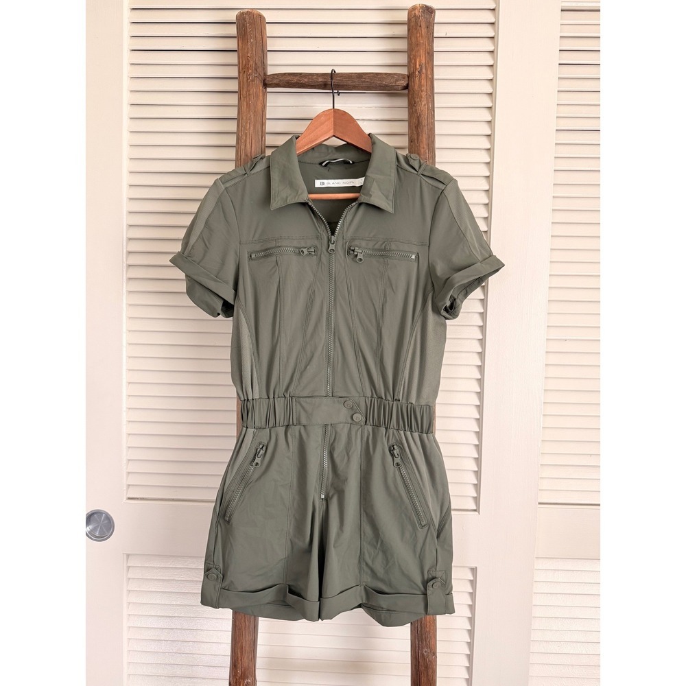 BLANC NOIR Olive Green Utility Romper Jumpsuit Shorts‎ Zip Pockets Size S